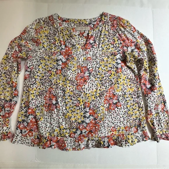 LOFT Petite Floral Split-Neck Blouse Ruffle Hem Long Sleeve Small SP - Picture 14 of 15